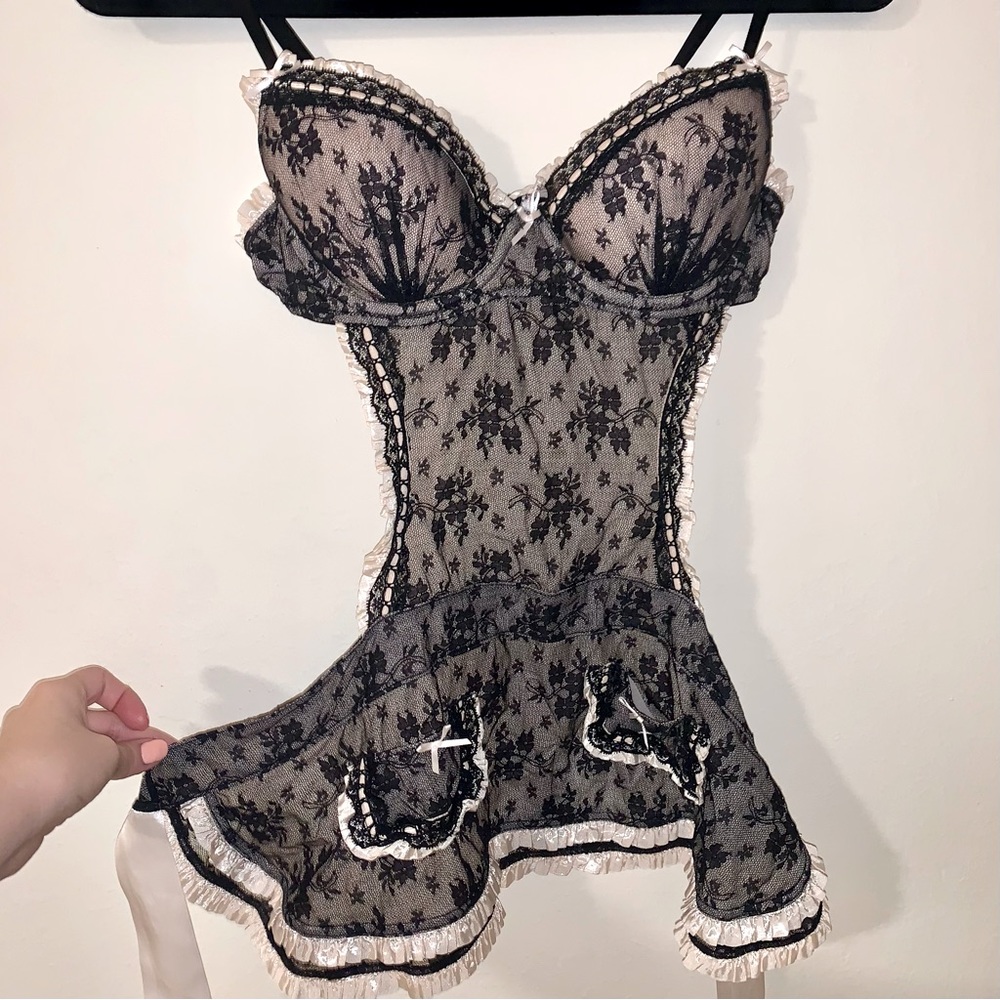 Vintage Victoria's Secret Pink and Black Frilly French Maid Apron Slip - 34C